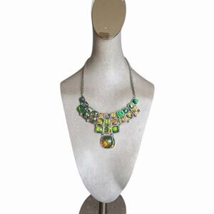Iridescent Ammolite Style Statement Necklace Silver Tone Bold Gemstone Look